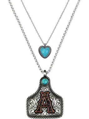 Turquoise Layered Necklaces with Cow Tag Initial - Western Style Jewelry for